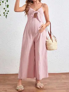 DANLIEN Maternity Front Tie & Hollow Out Wide Leg Jumpsuit With Spaghetti Straps