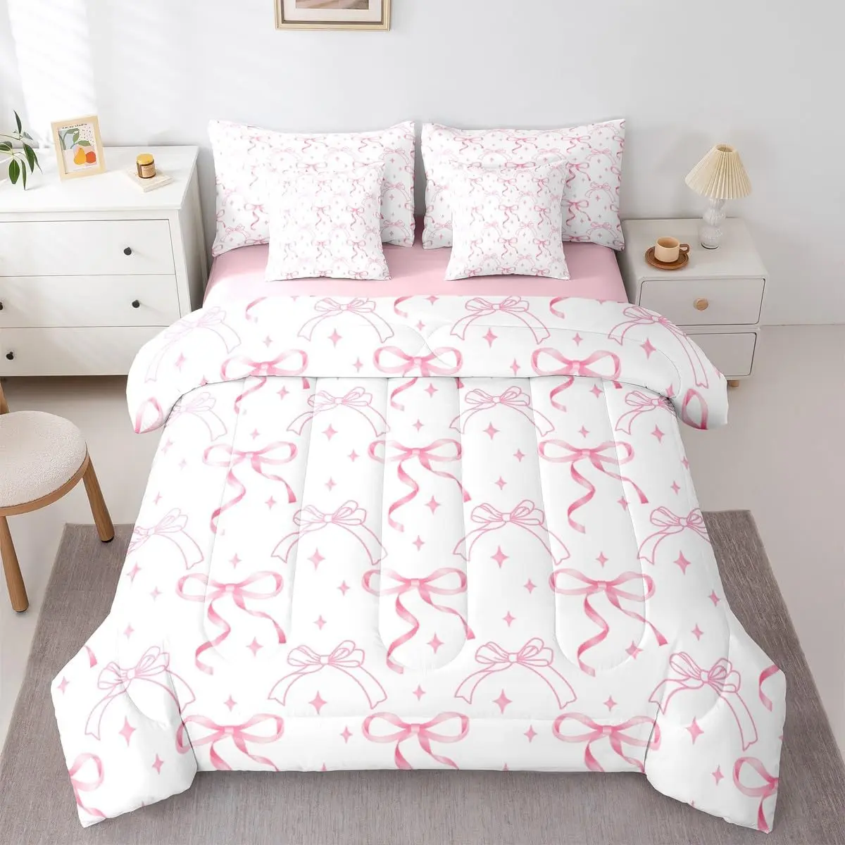 Pink Bow Knot 7 Piece Bedding Set,Bowknot Comforter Set with Sheets Coquette Bow Tie Bed in a Bag,Aesthetic Butterfly Knot Bed Sets Quilt, Comforters, Bed Comforter Set