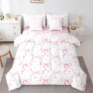 Pink Bow Knot 7 Piece Bedding Set,Bowknot Comforter Set with Sheets Coquette Bow Tie Bed in a Bag,Aesthetic Butterfly Knot Bed Sets Quilt