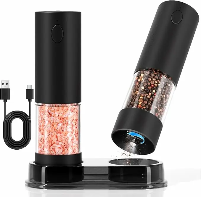 Electric Salt and Pepper Grinder Set, USB Rechargeable Automatic Pepper Mills and Salt Grinders with LED Light, Large 100ml Capacity, Adjustable Coarseness, One-Hand Operation, Stable Base summerwins