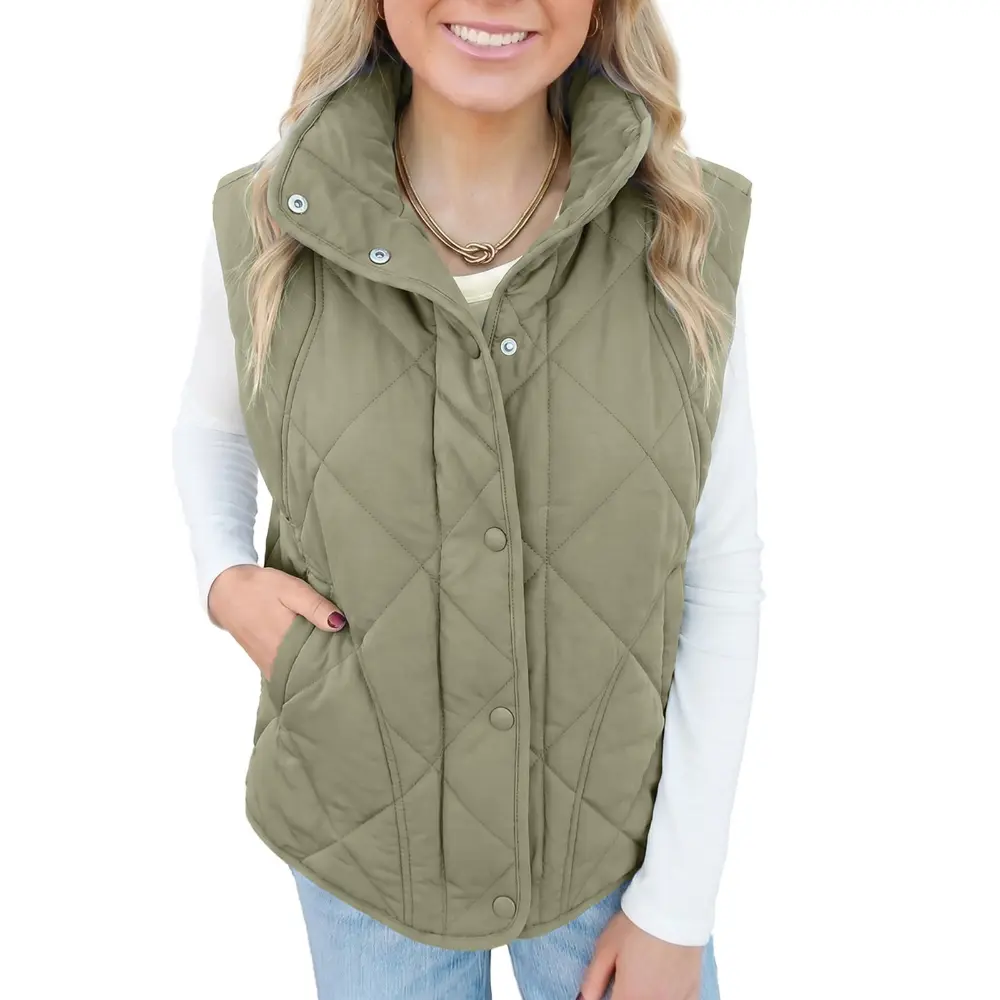 Dokotoo Puffer Vest Women Casual Sleeveless Outerwear Stand Collar Quilted Vest Warm Winter Jackets Coats with Pocket Metal Button