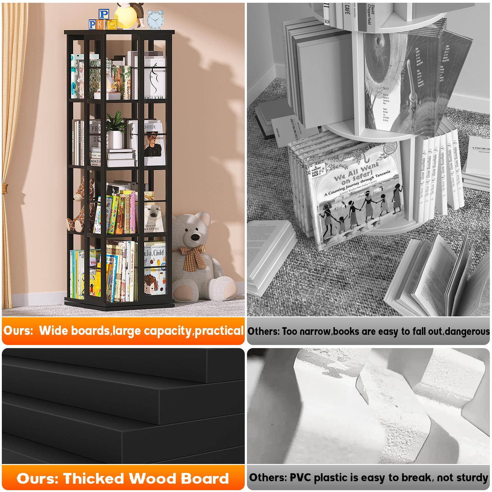 Rotating Bookshelf, Corner Bookcase, 360° Display Wood Spinning Bookshelves, Floor Standing Bookcases Narrow Shelf, 5 Tiers
