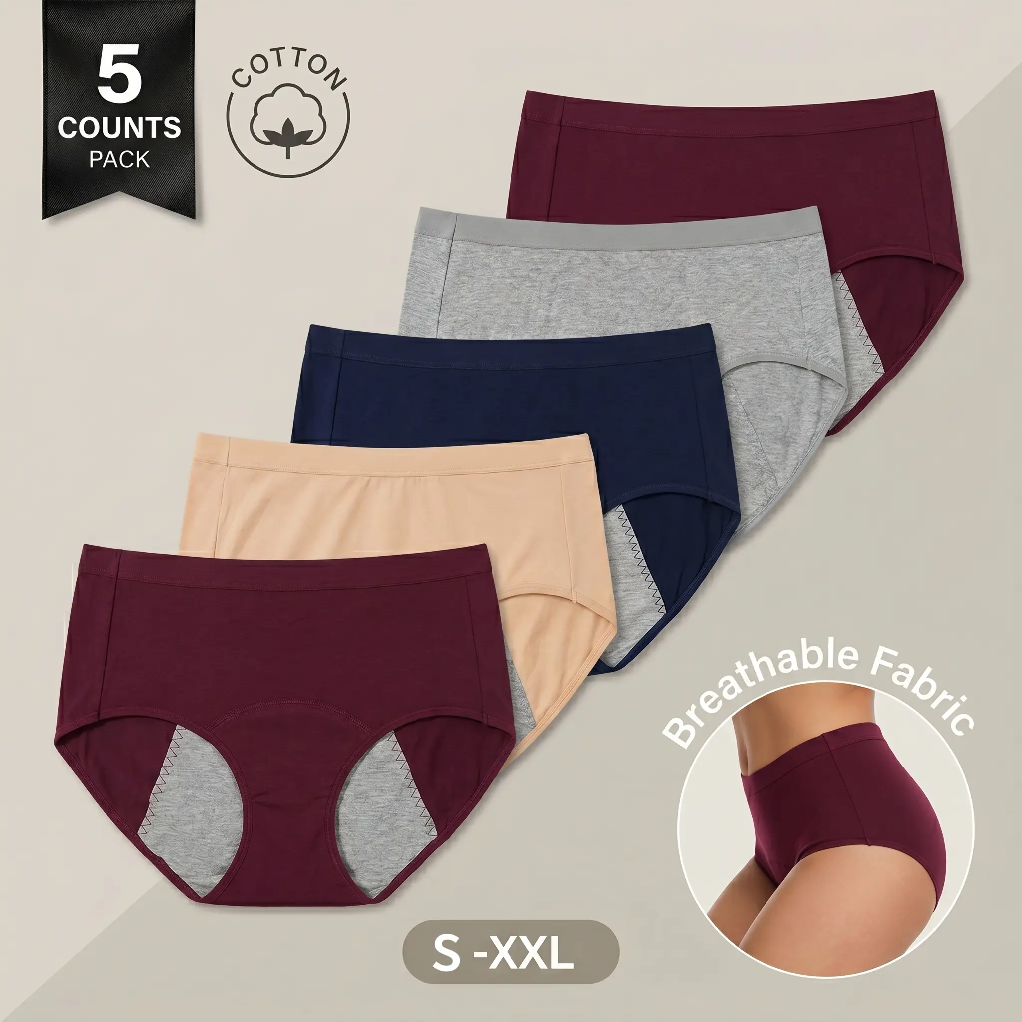 5-Pack Women's Soft Period Underwear, Leak Proof Breathable Menstrual Panties Belt Essential