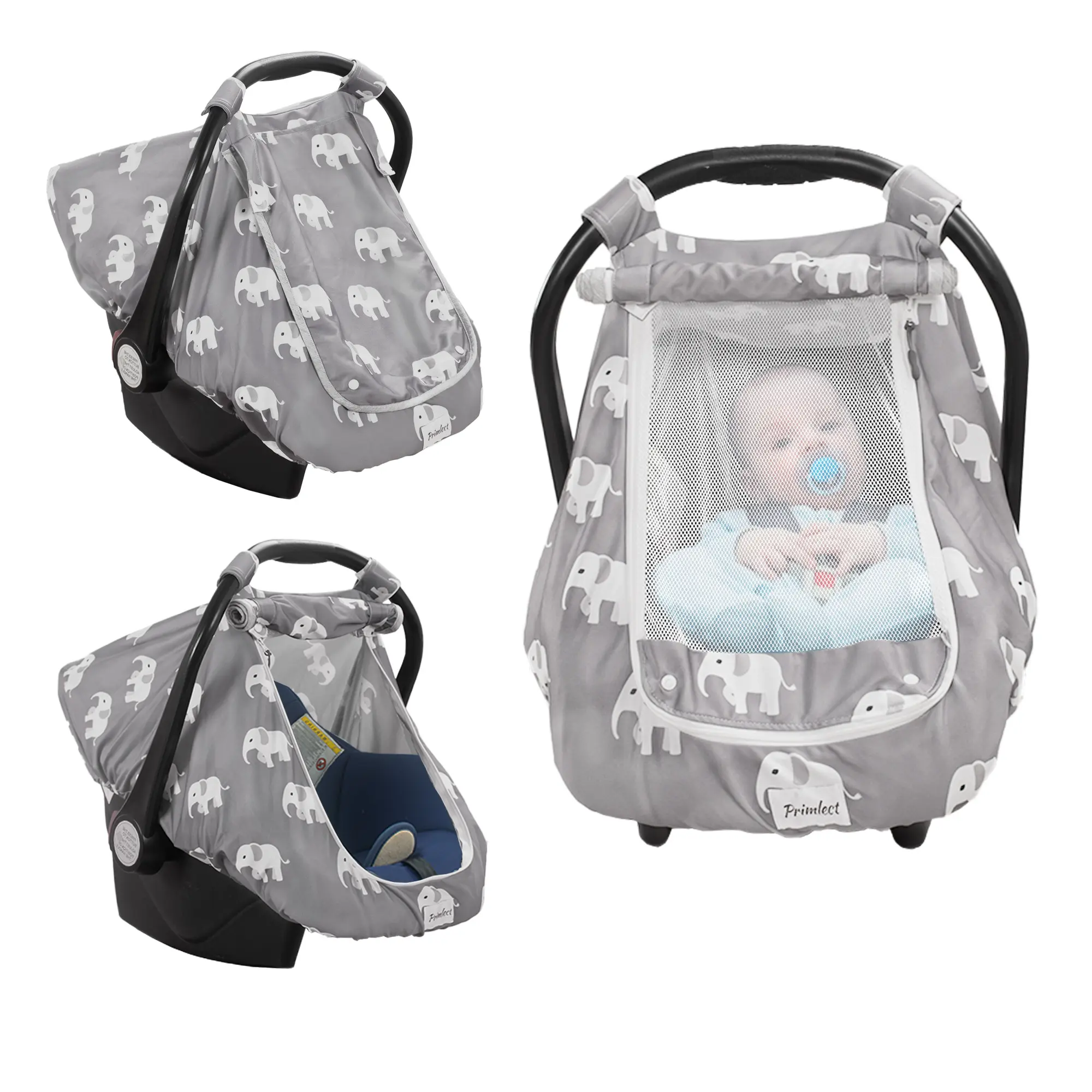 Primlect Baby Car Seat Cover - Soft Breathable Windproof Car Accessories with Large Mesh Peekaboo Window, Stretchy Kick-Proof Infant Canopy for Newborn Baby Stuff, Summer Travel Use, Car Seat Attachment