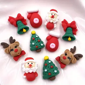 10PCS Lovely Colorful Resin Elk Santa Glove Bell Figurine Resin Ornament Flat back Cabochon Mini Cartoon Scrapbook DIY Christmas Decorations Embellishments Accessories Crafts