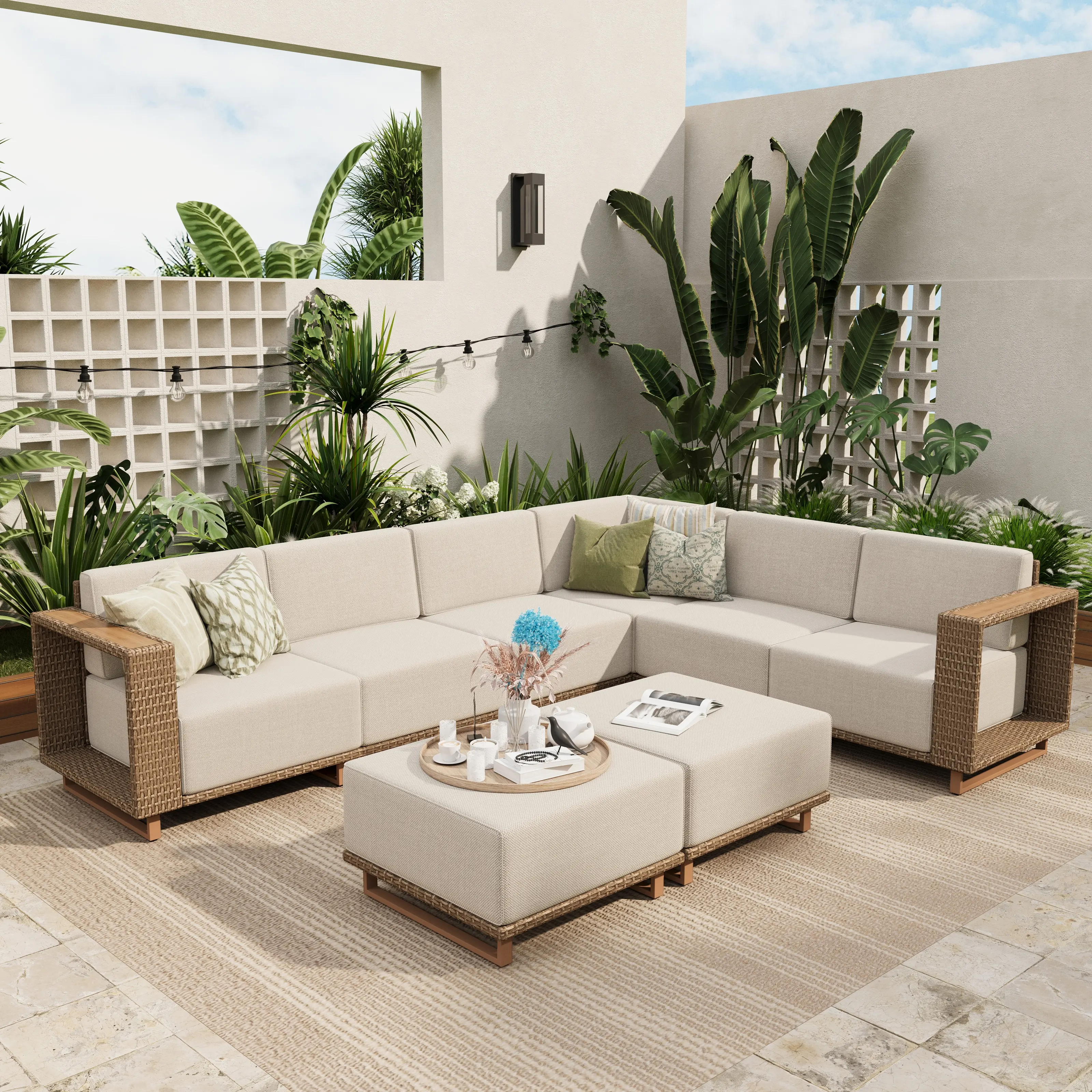 PHIVILLA Catalina Modern L/U-Shaped Patio Modular Sectional Rattan Sofa Set -10" Thick Waterproof Cushions, Assembly Required, Garden Use, Deals for You Days