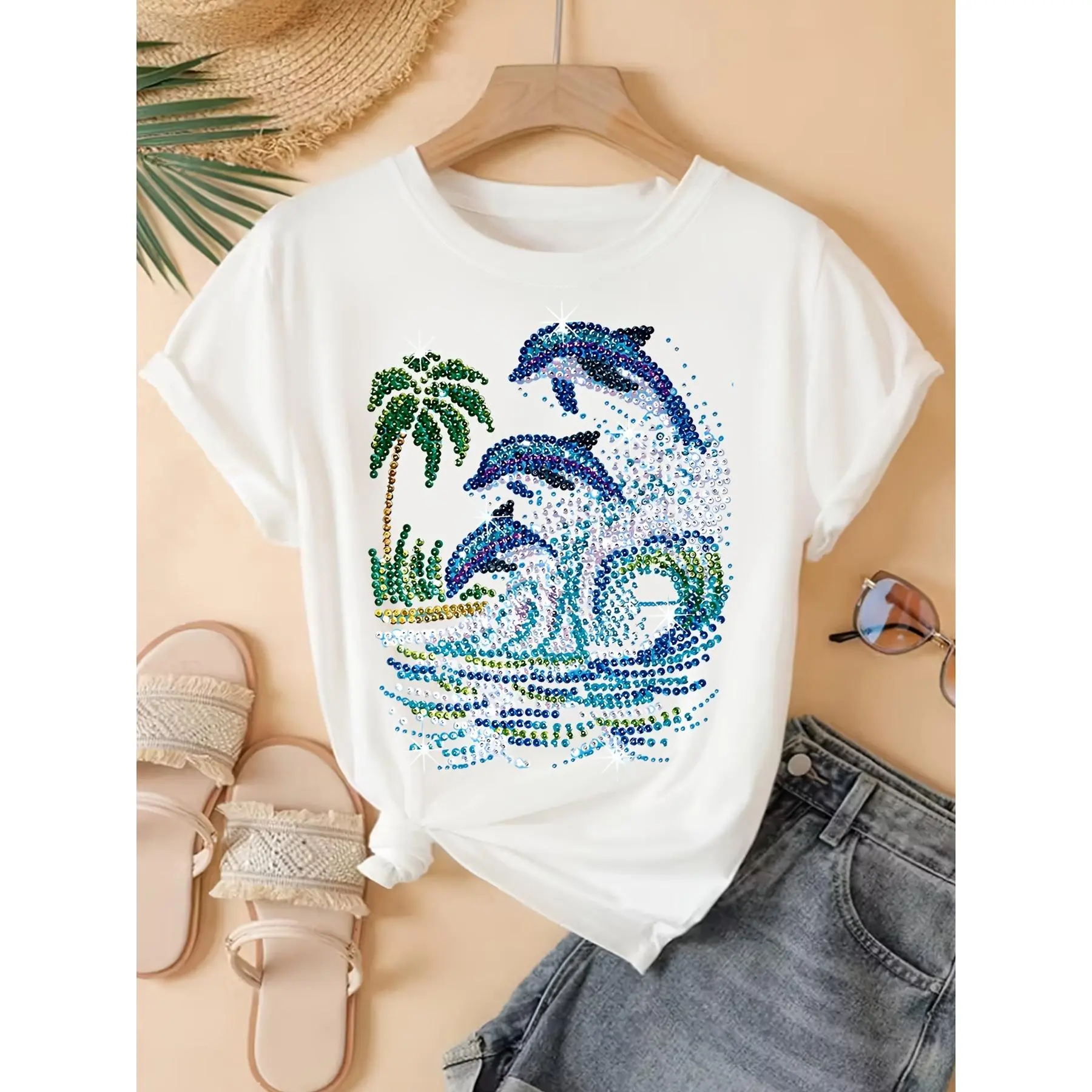 Women's Casual Dolphin Print Short-Sleeve Round Neck T-Shirt - Breathable Fabric, Simple Fit, Wardrobe Staples, Fits Well Everyday Summer Top, Shortsleeve, Tshirt, Clothes, Everyday Wear, Basic Tee, Lightweight, Casual Ootd, Easy To Pair, Regular Sleeves,