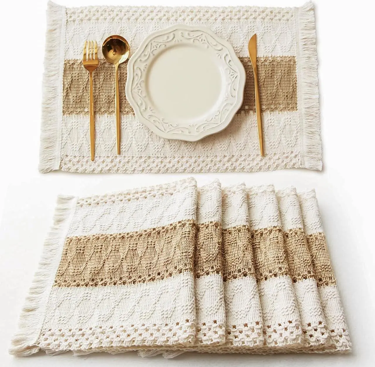Boho Placemats Set of 6, Macrame Table Tableware Decor Farmhouse Style Placemats in Natural Cotton Burlap, for Kitchen and Dining Table Centerpiece Home Decorations（Beige & Brown）