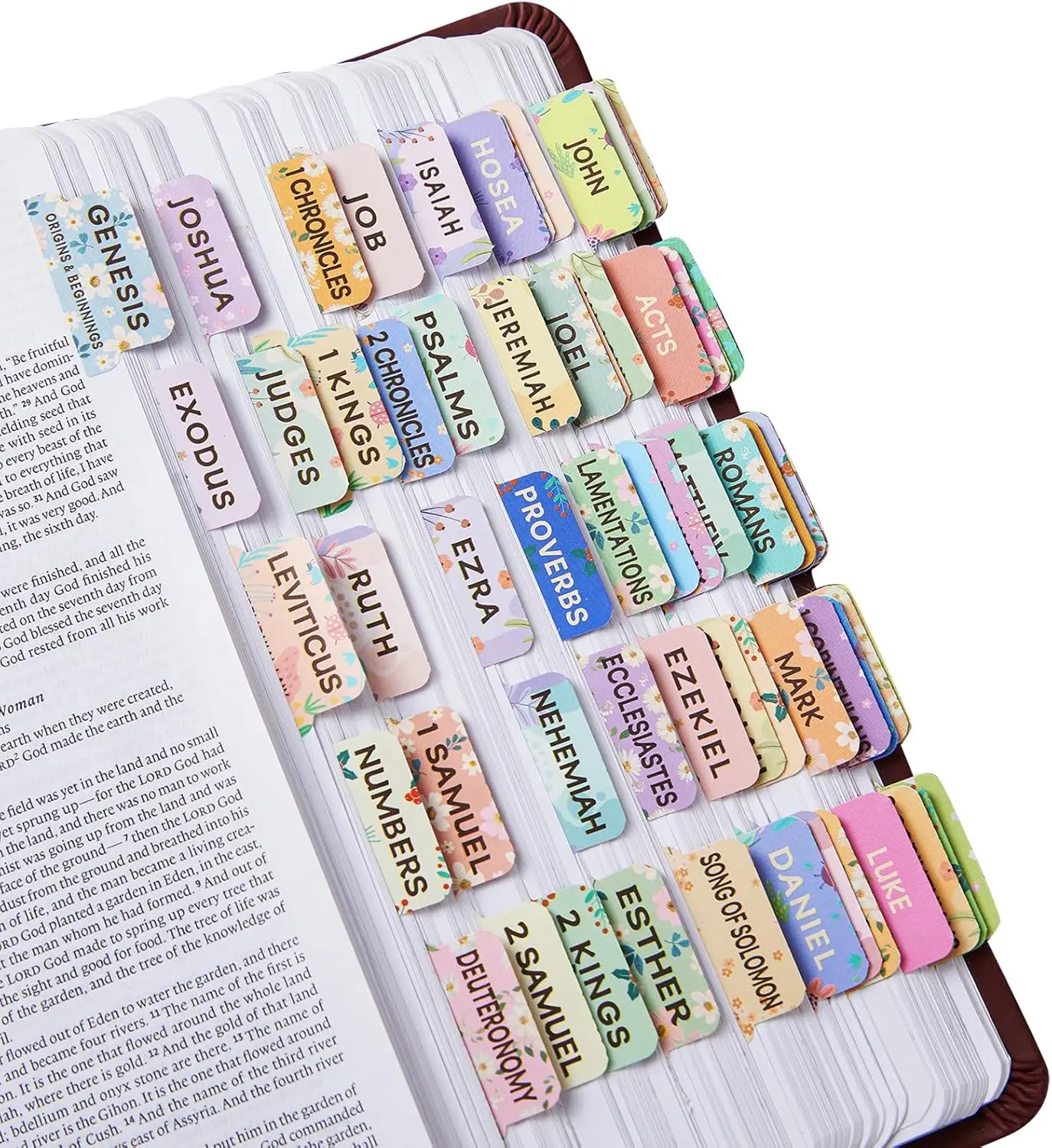 Floral Bible Tabs for Women, Bible Index Tabs Booklet, 66 Tabs with Chapter Titles and Summaries, Alignment Guide, Petal Beauty Tabs, Waterproof Laminated Bible Study Gifts Supplies