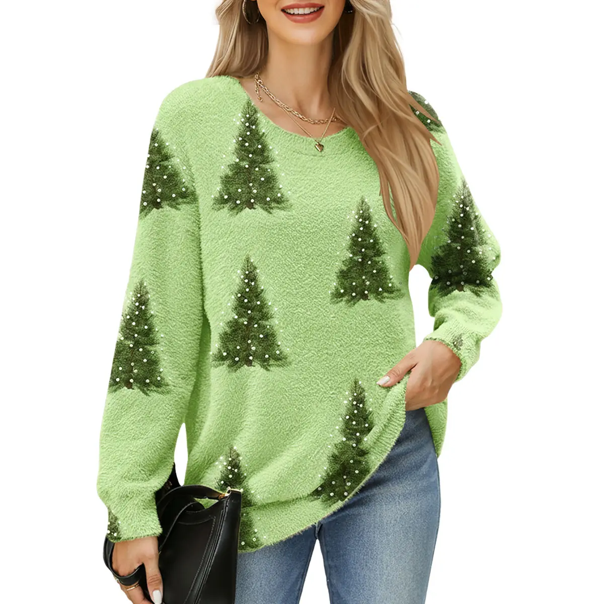 ETCYY Women's Christmas Knit Cardigan, Casual Vintage Sweater with Xmas Tree Print, Long Sleeve Button-Up Crewneck Outerwear for Fall Winter, Knitwear, Tops Womenswear, Knitting, Crew Neck, Waffle Knit, Nylon, Acrylic, Cute