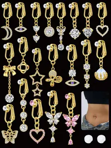 Elegant Four-Piece Women's Fake Belly Button Piercing Jewelry Set, Clip Belly Piercing, Includes 2 Faux Belly Rings, 2 Clear Silicone Pads, Cute Heart Butterfly Evil Eye Styles, No Piercing Needed for Girls and Women, Perfect Valentine's Gift