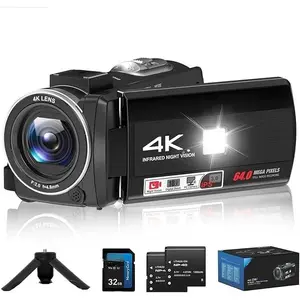 4K Camcorder, 64MP Vlogging Camera for YouTube with 18X Digital Zoom, IR Night Vision, 32G Memory Card and Mini Tripod