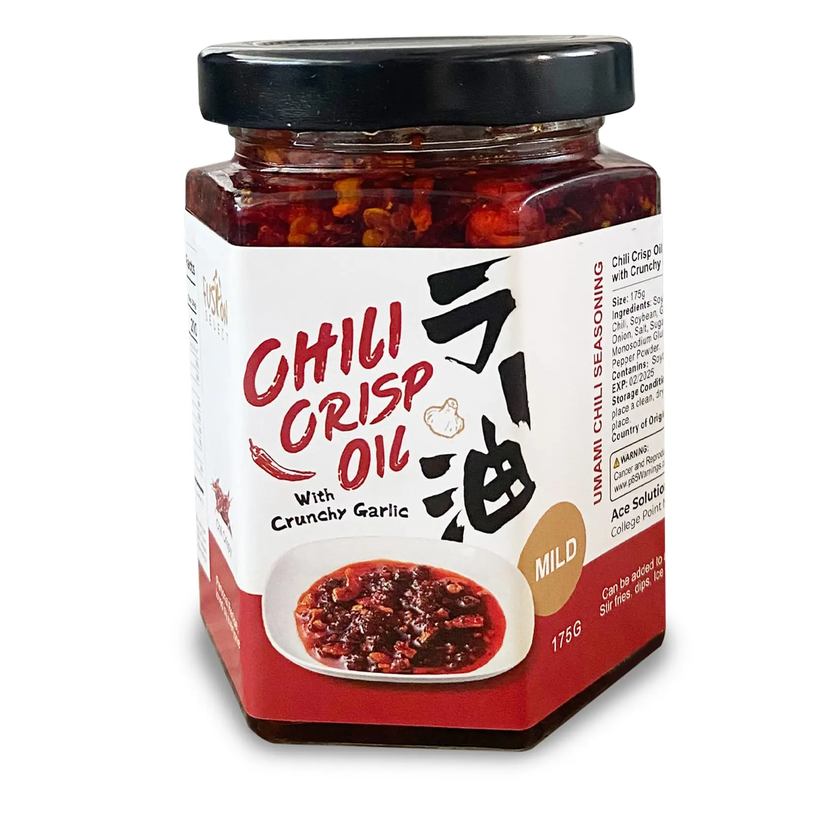 Fusion Select Crunchy Garlic Chili Crisp Oil, Mild Umami Chili Sauce for Ramen, Noodles, Stir-Fry, BBQ & Dipping, 175g per Jar