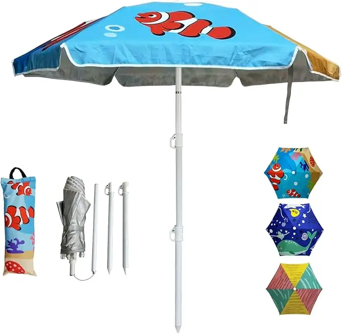 Unisex Kids' 5ft Outdoor Sunshade Umbrella - UV 50+ Foldable Beach Sun Protection Parasol, 0.99-1.2in Pole, Sand Anchor, Carry Bag, Geometric-Patterned Fish Design (Sand Requires 5+in Above Bottom)