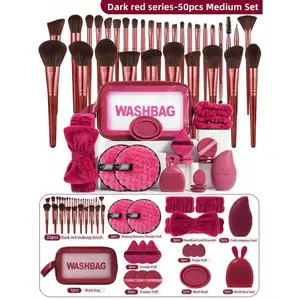 50PCS Makeup Tools: Waterproof Multi-Func Cosmetic Bag+32PCS Brushes+3PCS Triangle/Air Cushion/Mini Puffs+2PCS Cleansing Sponges+Facial Ice Compress+Silicone Soft Hair Facial Tool+Hairband+2PCS Bowl Straps+Brush Cleaner