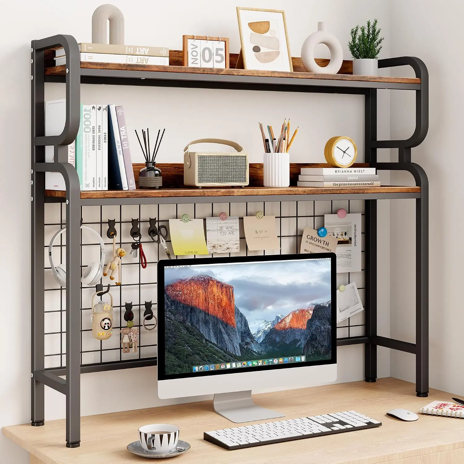 38.6" Heavy-Duty Desktop Hutch Bookshelf, 2-Tier Desk Organizer with Pegboard Grid Panel and Hooks, Office & Dorm Computer Desk Accessory