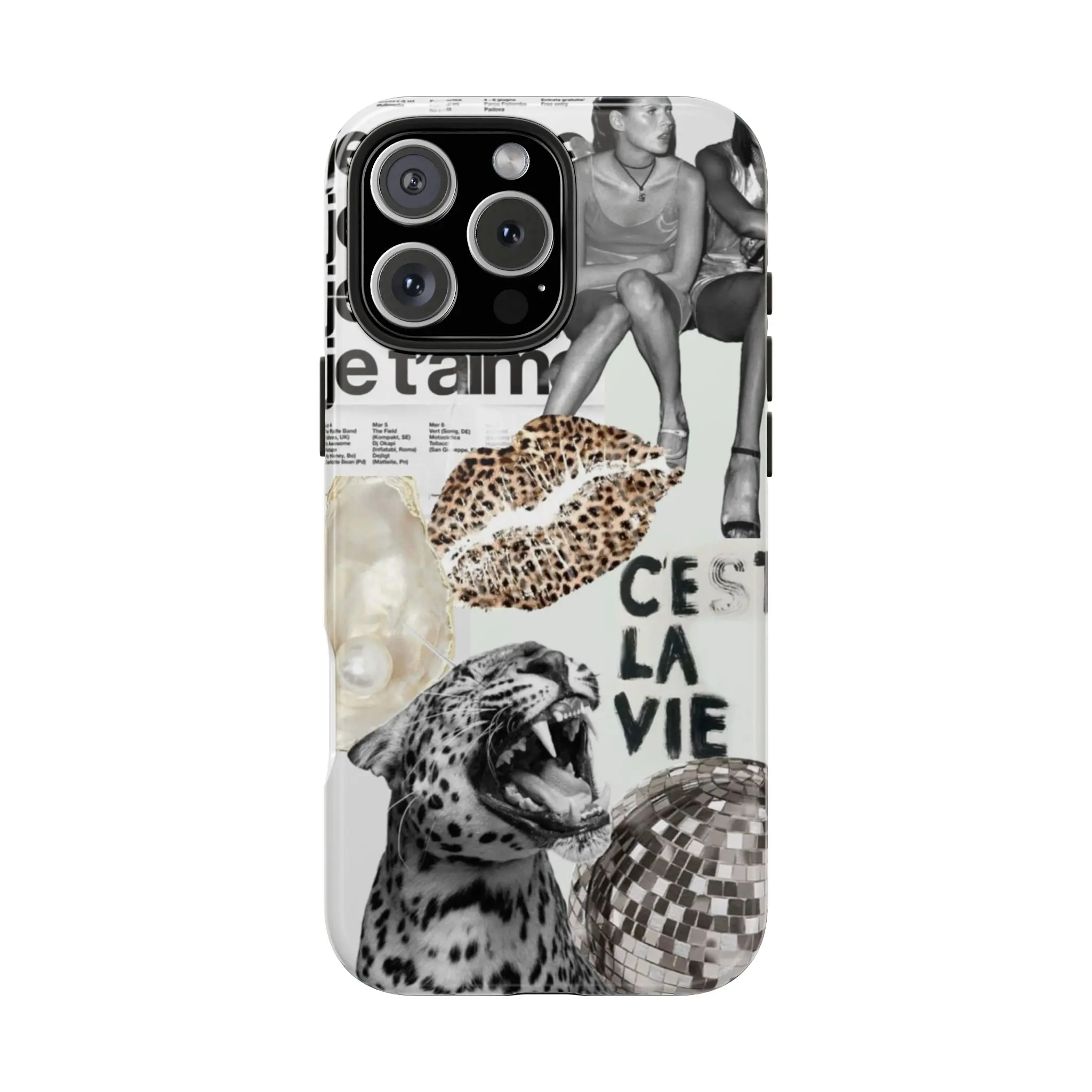 C’est La Vie Collage Phone Case – Leopard, Pearl, Disco Ball & Retro Editorial Style – Fashion Grunge Aesthetic – For iphone 17 pro case iphone 16 pro max case 15 14 13 12 11 & Samsung S25 S24 S23 Ultra Fe, cute pretty phone cases, Shockproof phone case.