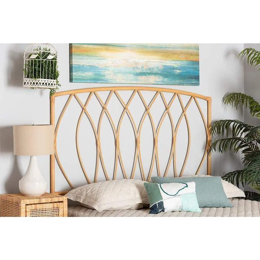 Halia Modern Bohemian Natural Brown Rattan Queen Size Wall-mount Headboard