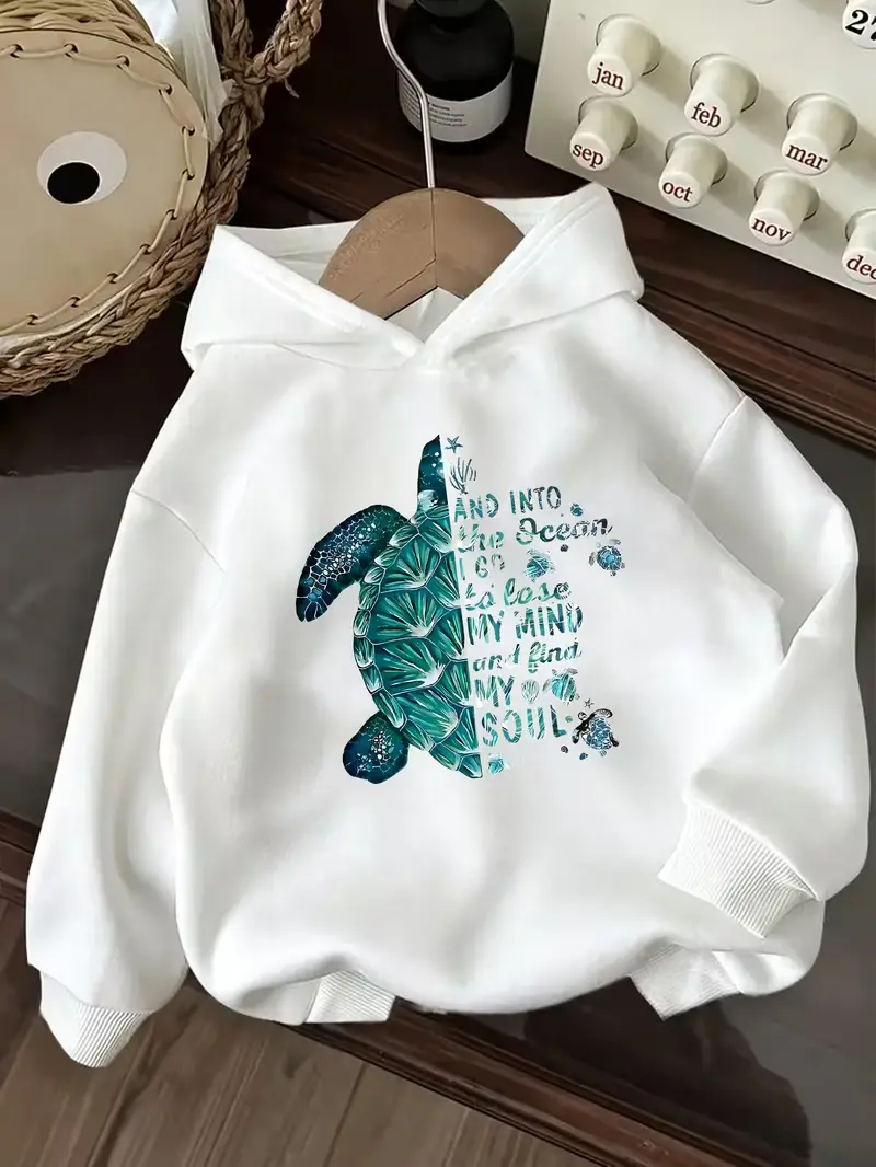 Sea Turtle Ocean Quote Front Print Fleece Pullover Hoodie, Coastal Beach Vibe Nature Long Sleeve Sweatshirt For All Seasons