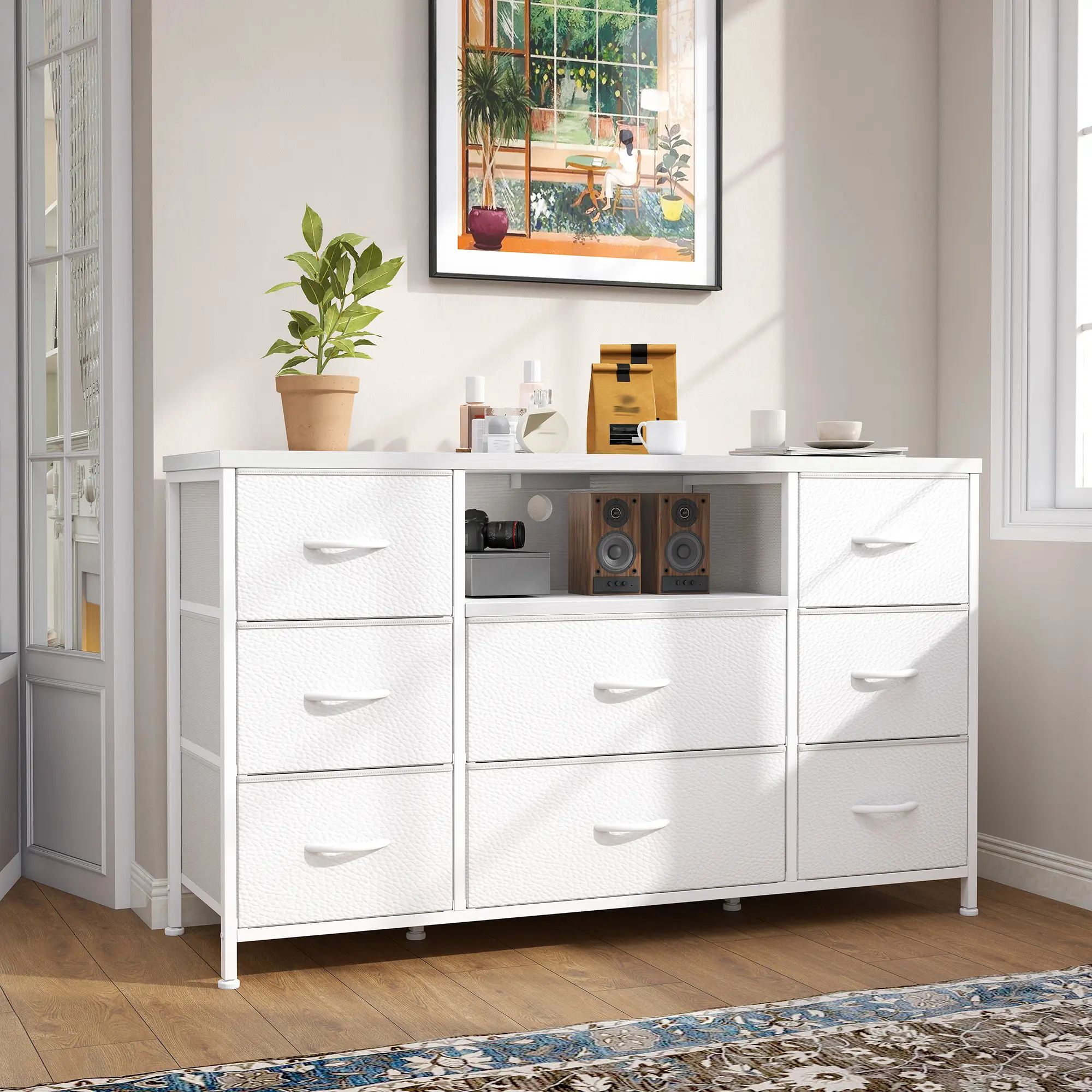 Raybee Sturdy Metal & Fabric TV Stand Dresser with Power Outlet Charging Station - 8 Deep Fabric Bins Drawer Unit, Utility Cabinet Storage Solution for Living Room Decor, Adjustable Built-in Multimedia Centre