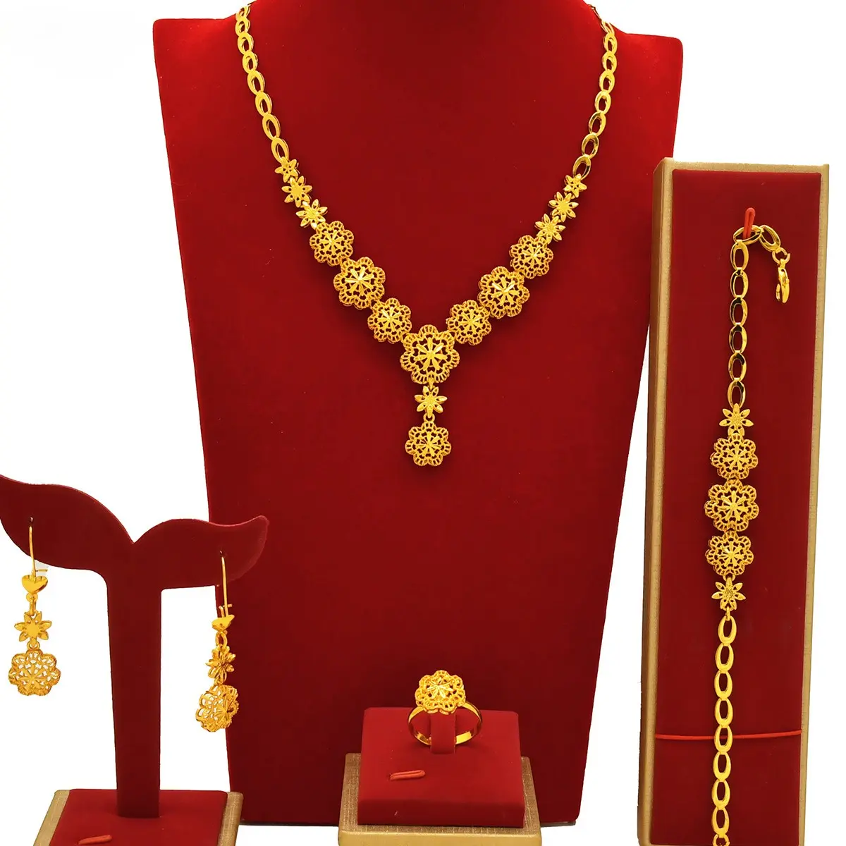 All-season Jewelry Accessory 4-Piece 24K Gold Plated Filigree Flower Statement Necklace Drop Earring Adjustable Ring & Bracelet Luxury Bridal Jewelry Set For Women Daily Wear