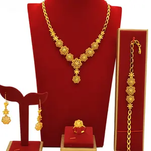 4-Piece 24K Gold Plated Filigree Flower Jewelry Set Statement Necklace Drop Earrings Adjustable Ring & Bracelet Luxury EthiopianAfrican Bridal Gold Jewelry For Women Daily Wear
