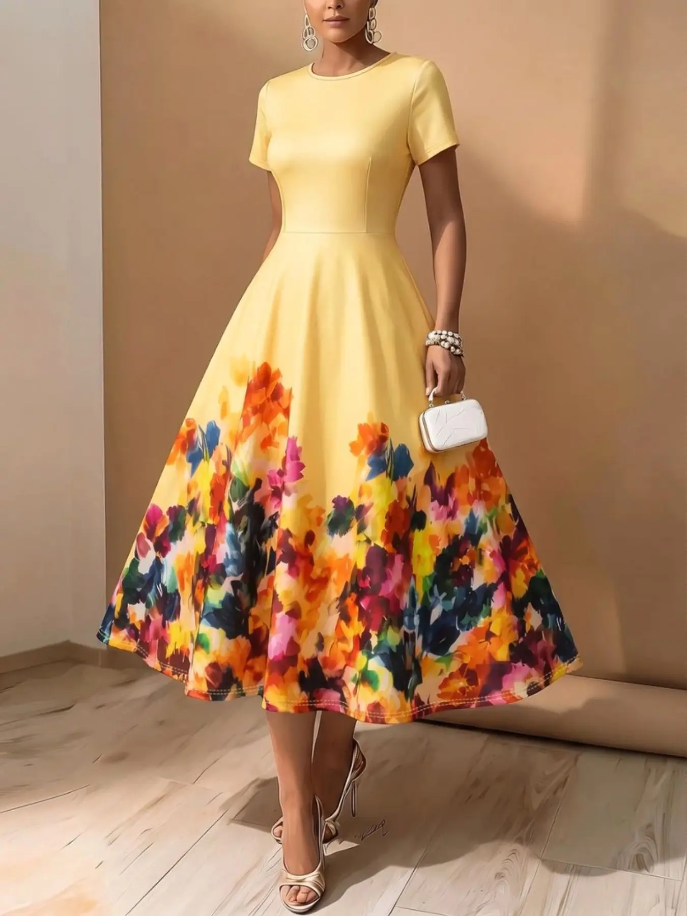 Floral Print Midi Dress, Elegant A-Line Flowy Short Sleeve Dress, Vibrant Watercolor Floral Trim, Casual & Formal Wear