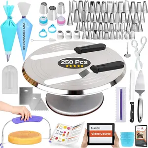 250 count  Cake Decorating Tools Kit with 12" Metal Turntable &  set-48 Numbered Icing Tips-3 Russian Piping Nozzles-Straight & Angled Spatula-Cake Leveler& Baking Supplies Tools