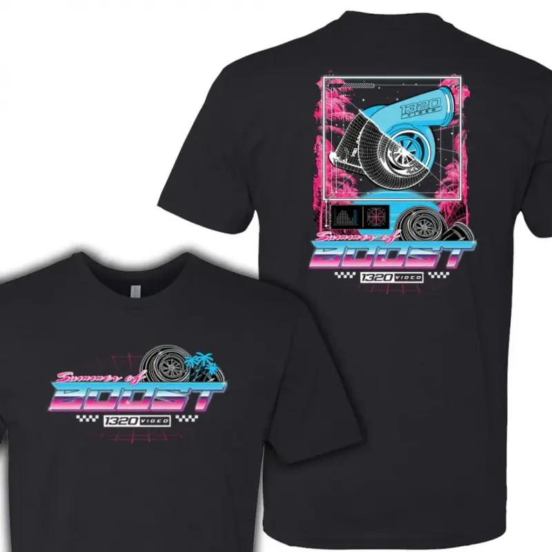1320 Video "Summer of Boost" Turbo Racing Shirt – Retro Neon Turbocharger Graphic Design – Gift for JDM Fans, Car Tuners & Boost Lovers – Perfect for Men