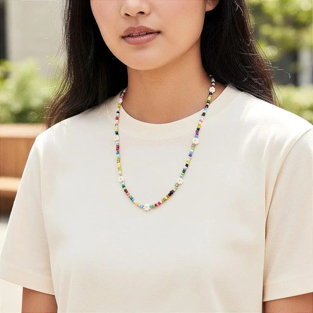 Unisex Colorful Seed Bead Daisy Necklace - Casual Layered Floral Chain, Rainbow Summer Costume Jewelry for Layering Outfits, Flowers Design Great Gift for Friends