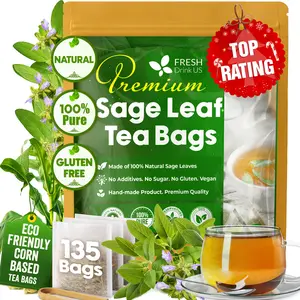 【FreshDrinkUS】 Premium 135 Sage Leaf Tea Bags, 100% Natural & Pure from Sage Leaves. Loose Leaf Sage Herbal Tea. Made with Natural Material Tea Bags. No Sugar, No Caffeine, No Gluten, Vegan.