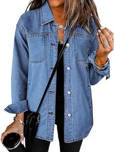 Spring Summer Oversized Collared Long Sleeve Denim Shacket Women | Button Down Chest Pocket Curved Hem Loose Fit Medium Wash Denim Jacket Casual Boho Outerwear Coats | Casual Chic Vintage Style for Daily Vacation Travel Wear Womenswear