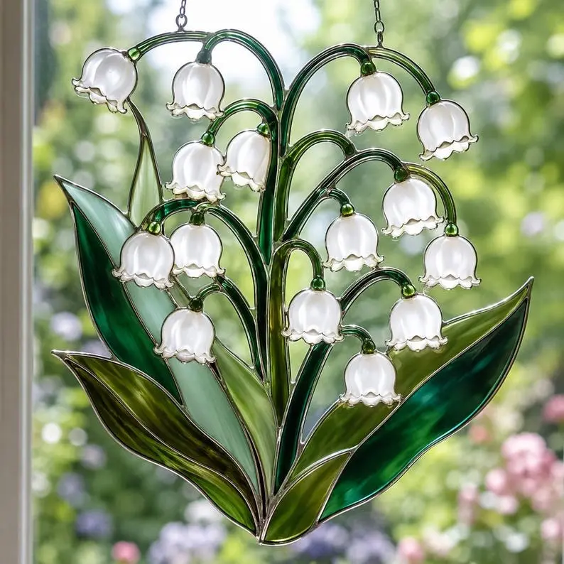 Lily Of The Valley Acrylic Suncatcher, Faux Stained Glass Window Hanging, Spring Floral Home Decor, Botanical Gift For Her