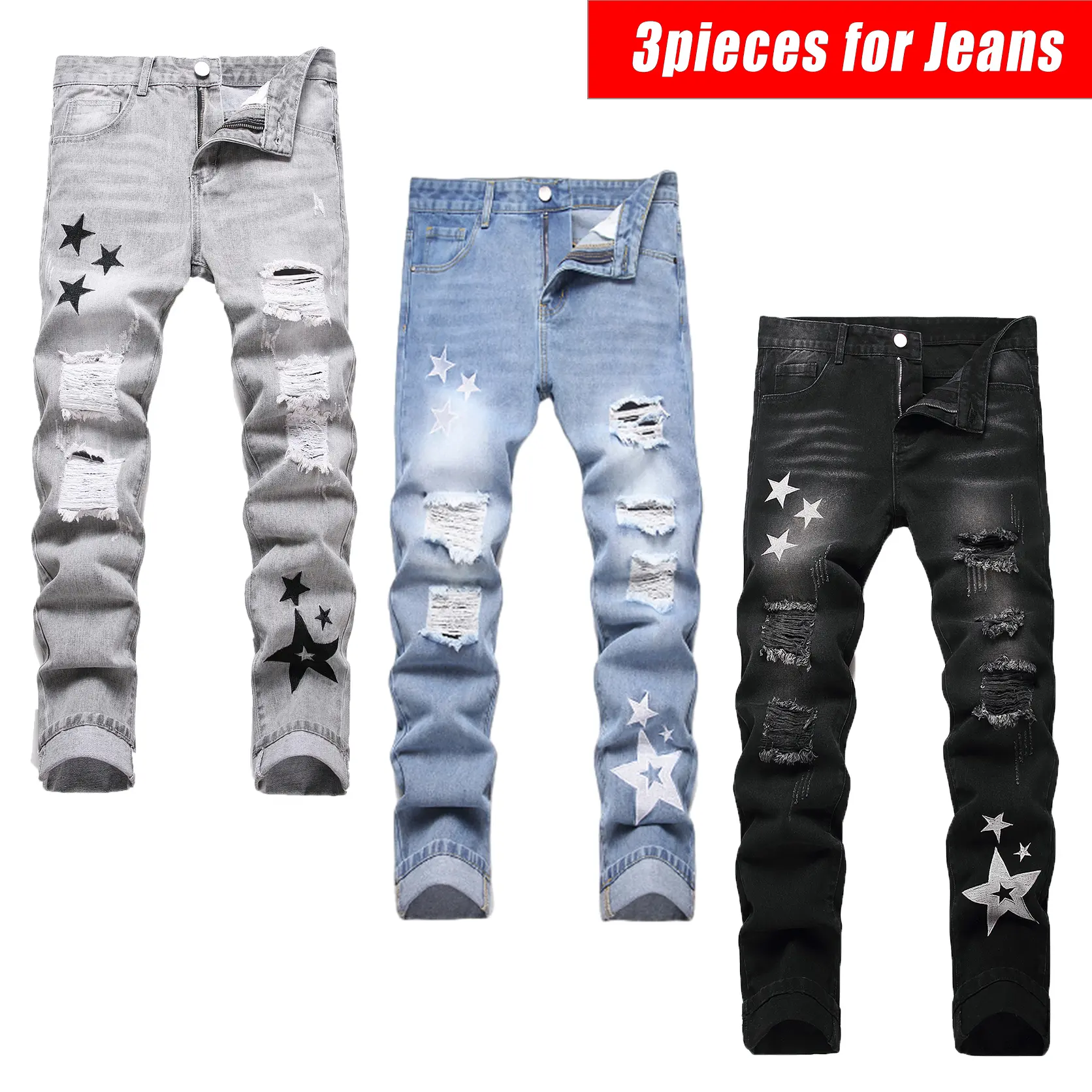 3-pack of distressed denim jeans for men，unique clothing pieces Hole-Torn Classic Street Five-Star Embroidery Pants Menswear， Slim Fit Jeans，Straight Tube Fashionable CasualTrendy Chic Comfortable ，Hip-Hop Style Jeans With Pockets  Streetwear