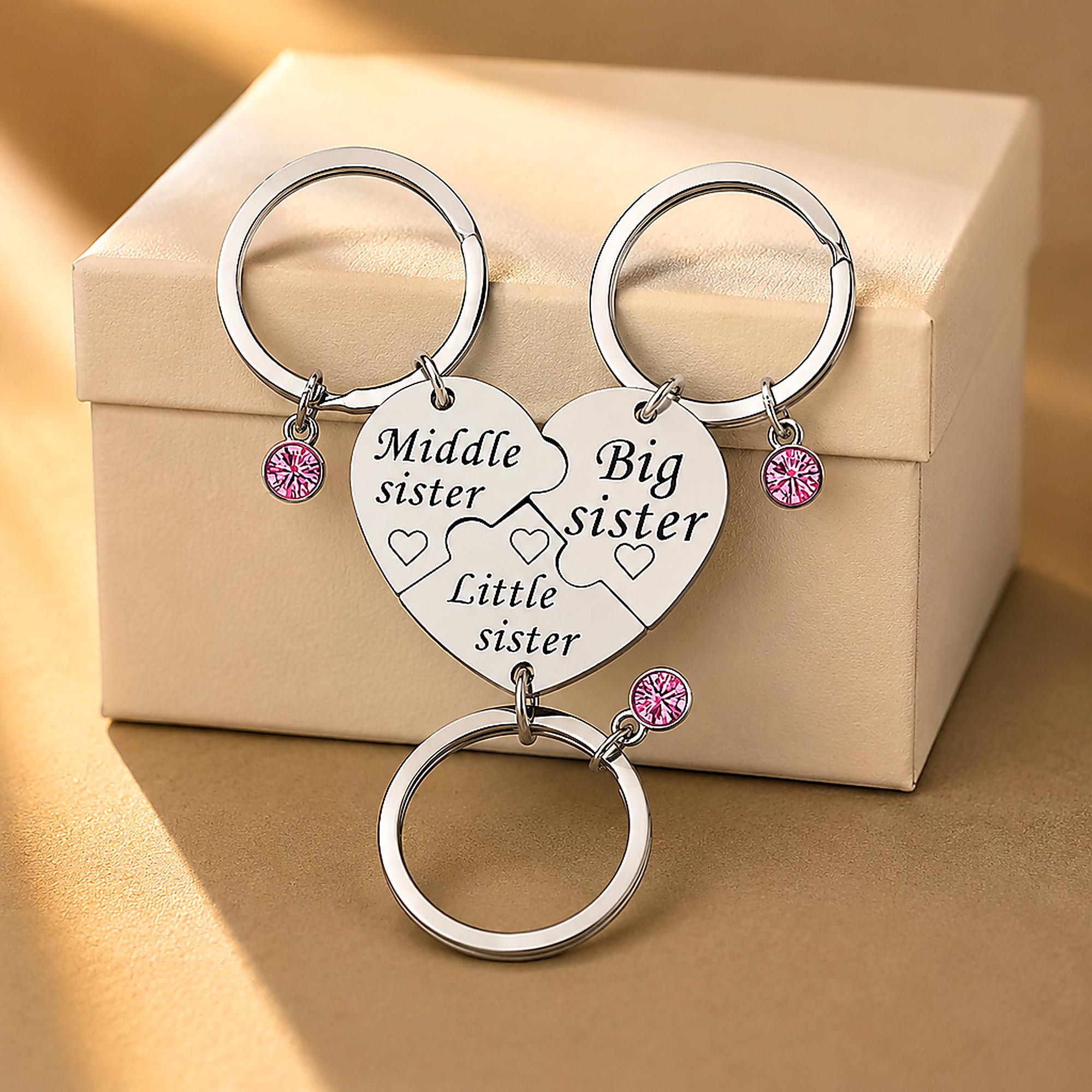 3PCS - Sister Keychain Set Gift for Big Middle Little Sisters Birthday Graduation Christmas Sisters Day Gifts - Stainless Steel Puzzle Heart Keyring with Pink Crystal Charm, Matching Sisterhood Gift - Veyla 3PCS - Sister Keychain Set Gift for Big Middle Little Sisters Birthday Graduation Christmas Sisters Day Gifts - Stainless Steel Puzzle Heart Keyring with Pink Crystal Charm, Matching Sisterhood Gift - Veyla
