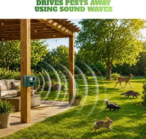 This ultrasonic animal deterrent covers a 5,500-square-foot area and features 24-hour motion sensors and nighttime scanning capabilities. It effectively repels deer, raccoons, bears, rabbits, skunks, and foxes, and includes a 10-meter extension cord.