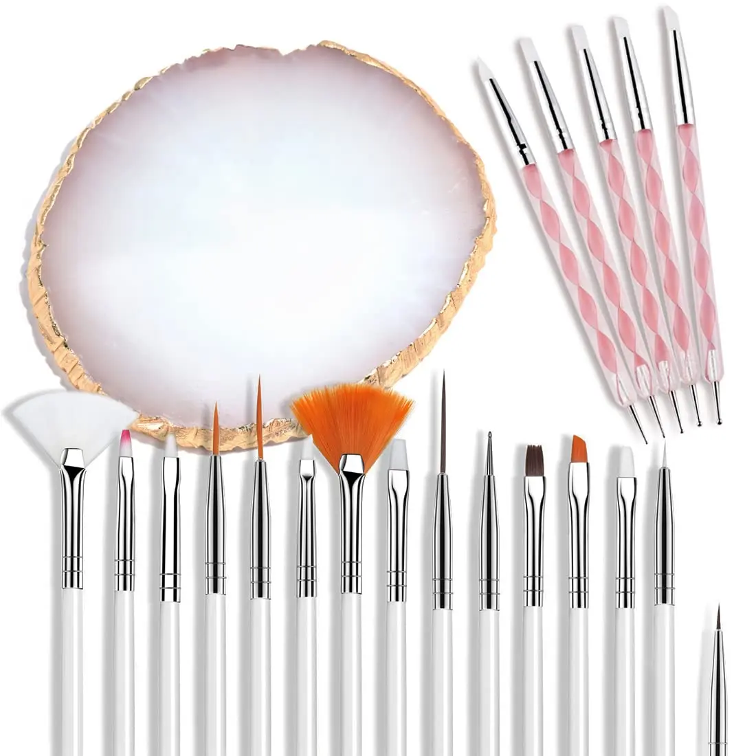 21-Piece Nail Art Set with Gold-Rimmed Agate Resin Palette for Mixing Colors, 15 Manicure Brushes & 5 Double-Ended Mixed Size Dotting Pens, Agate Stone, Mix Colors, 5 Double-Ended Dispensing Tools, 15+5 Tools, Multi Pack