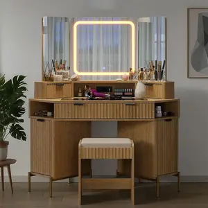 Multi-Function RGB Vanity Desk, APP Control Light, Built-in Power Outlet, High-Capacity Makeup Station with Stool