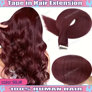 Wholesale 2025 Arrived 20pcs/pack Tape In Human Hair Extensions - Remy Human Hair Red Wine Burgundy # 99J Straight Invisible Hair Extensions Natural Human Hair, 20pcs/50g 16-26 Inch Seamless Skin Weft 99J Burgundy Tape In Human Hair