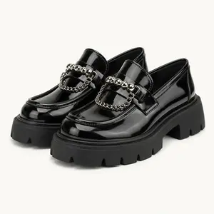 GeeYea women’s Black Platform Loafers, Chunky Lug Sole Slip-On Shoes with Patent PU Upper, Chain & Bead Accent, Fashion Office, Streetwear & Fall Winter Shoesw