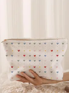 Heart Printed Corduroy Makeup Bag, Cartoon Style, Cute Lightweight Multi-Functional Fashion Casual Cosmetic Pouch, Travel Organizer