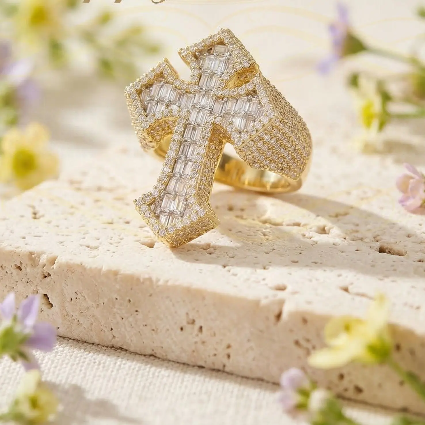 King of Bling's New Yellow Cross Rings Size 10 Men's 925 Sterling Silver 6.0ct VVS D Moissanite