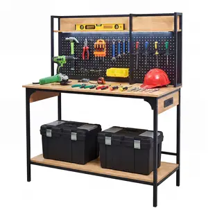 Workbench with LED Light & Power Strip, 48'' Heavy Duty Garage Work Bench with Storage Shelves, Foot Pads,Pegboard, USB & Type-C Ports, Tool Table for Workshop, Garage, Studio, Warehouse, 3D Printer Table