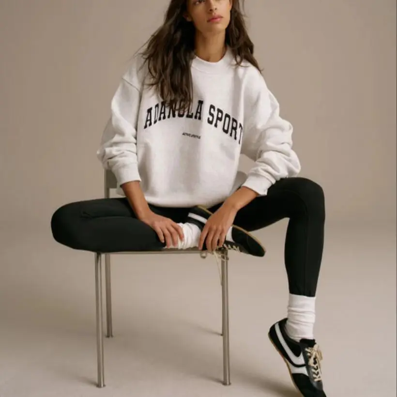 Yoga Fitness Adanola Spring and Autumn Circle Cotton Butterized Light Flower Grey Crew Neck Sweater
