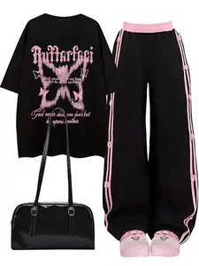 Women's Butterfly Print Tee & Pants Set, Casual Round Neck Short Sleeve T-shirt & Trousers, Ladies Clothes for Daily Wear, Whimsy Goth Outfits, Womenswear, Summer Outfits Set, Casual Formal Set, Matching Sets, Casual Lounge Set