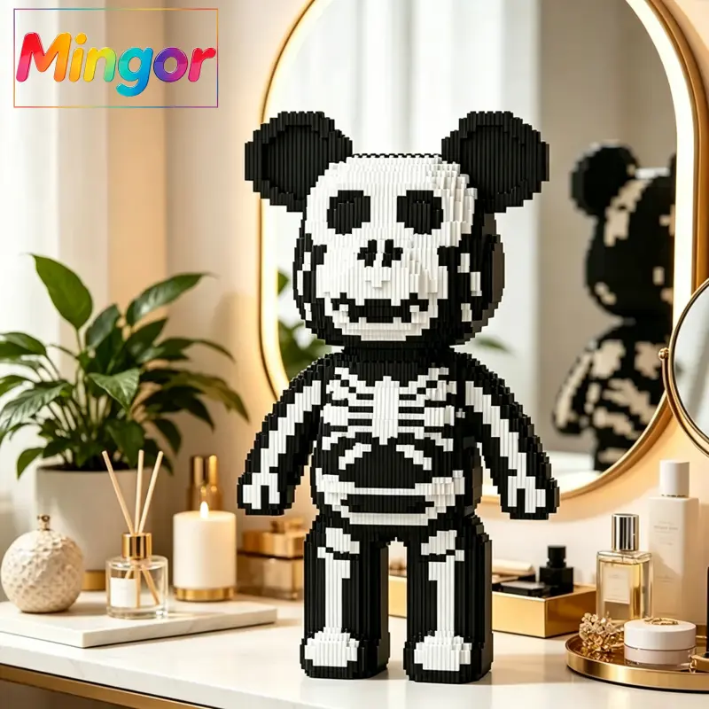 18" Bold Skeleton Aesthetic Bear Micro Bricks Buildable Blocks Kit, BPA-Free Unisex DIY Kits Collectible Model Toy with Bricks & Minifigs, 18.00" x 10.24" x 6.93", 12 Years Above, Not for Under 3, Living Room Decor