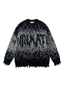 Men's Vintage Tie-Dye Gradient Letter Jacquard Ripped Fringe Sweater, Casual Round Neck Knitwear for Fall & Winter Fashion