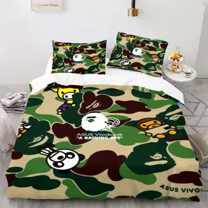 BAPE Baby Milo Classic Camouflage Duvet Cover Set, 1 Duvet Cover & 1-2 Pillowcases,Classic Brand & Classic Ape Head Logo, Soft Comfortable, Street Style Bedroom Decoration, Gift for Streetwear Enthusiast