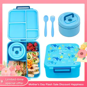 Bento Lunch Box for Kids with 8.5oz Soup Thermo, Kids Leakproof Lunch Food Containers with 4 Compartment, Blue Nylon Insulated Lunch Bag Adjustable Strap for Teens School Travel Picnic-Pink and Blue
