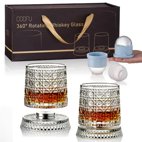 Stylish Luxury Spinning Whiskey Drinkware Set - 2 Rotating Glasses, 2 Ice Ball Molds, Gift Box for Home, Unique Mens Gifts for Boyfriend (Christmas Focus),familyfun
